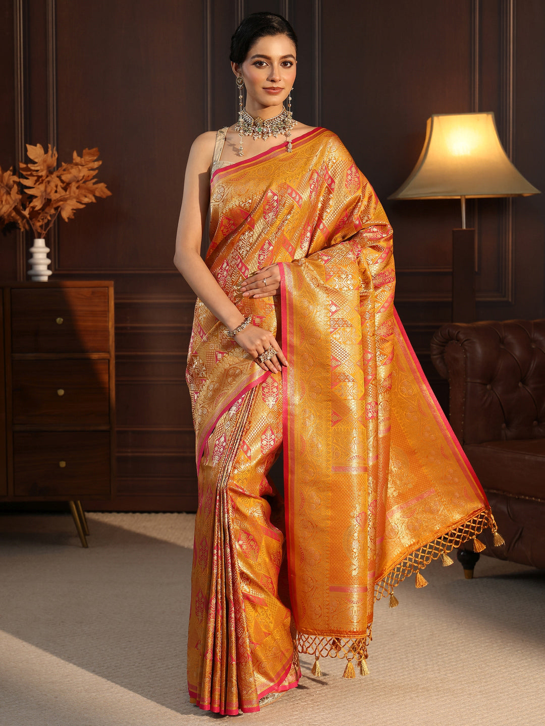 Libas Art Mustard Ethnic Woven Design Silk Blend Tassel Saree