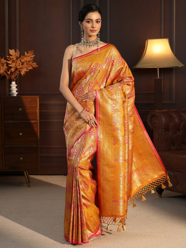 Libas Art Mustard Ethnic Woven Design Silk Blend Tassel Saree