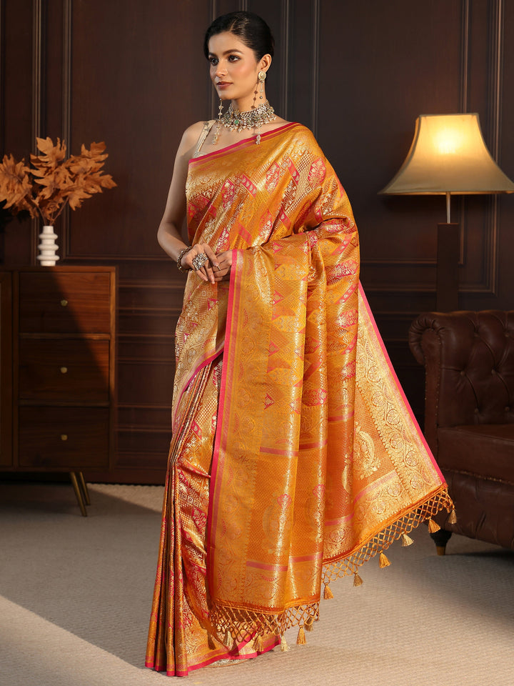 Libas Art Mustard Ethnic Woven Design Silk Blend Tassel Saree