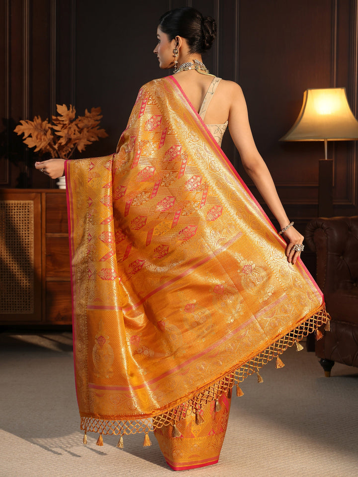 Libas Art Mustard Ethnic Woven Design Silk Blend Tassel Saree