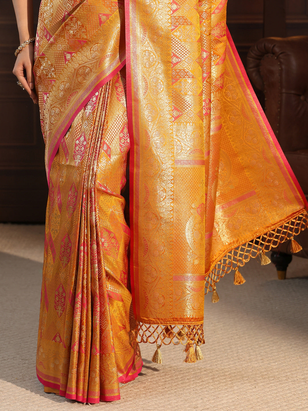 Libas Art Mustard Ethnic Woven Design Silk Blend Tassel Saree