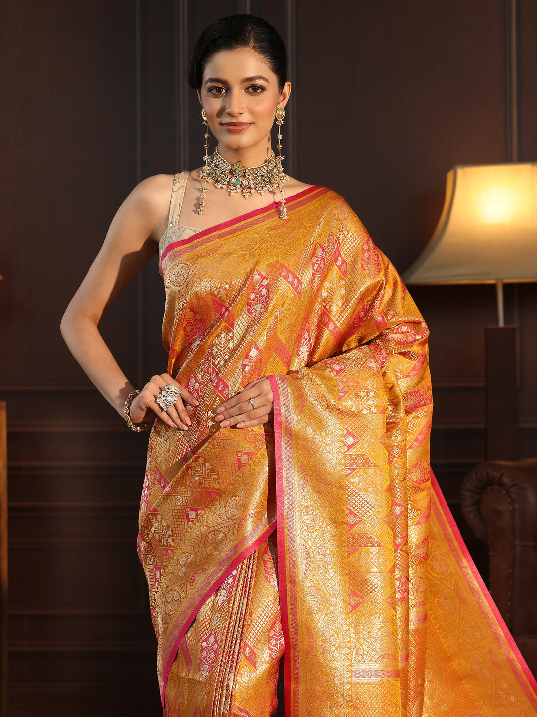 Libas Art Mustard Ethnic Woven Design Silk Blend Tassel Saree