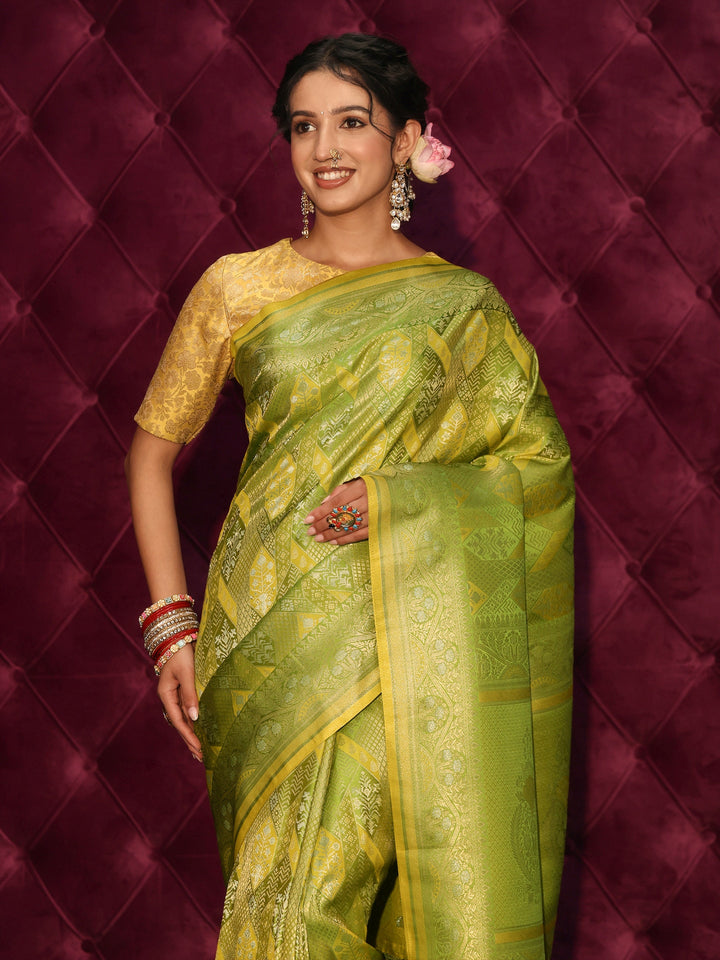 Libas Art Lime Green Ethnic Woven Design Silk Blend Tassel Saree
