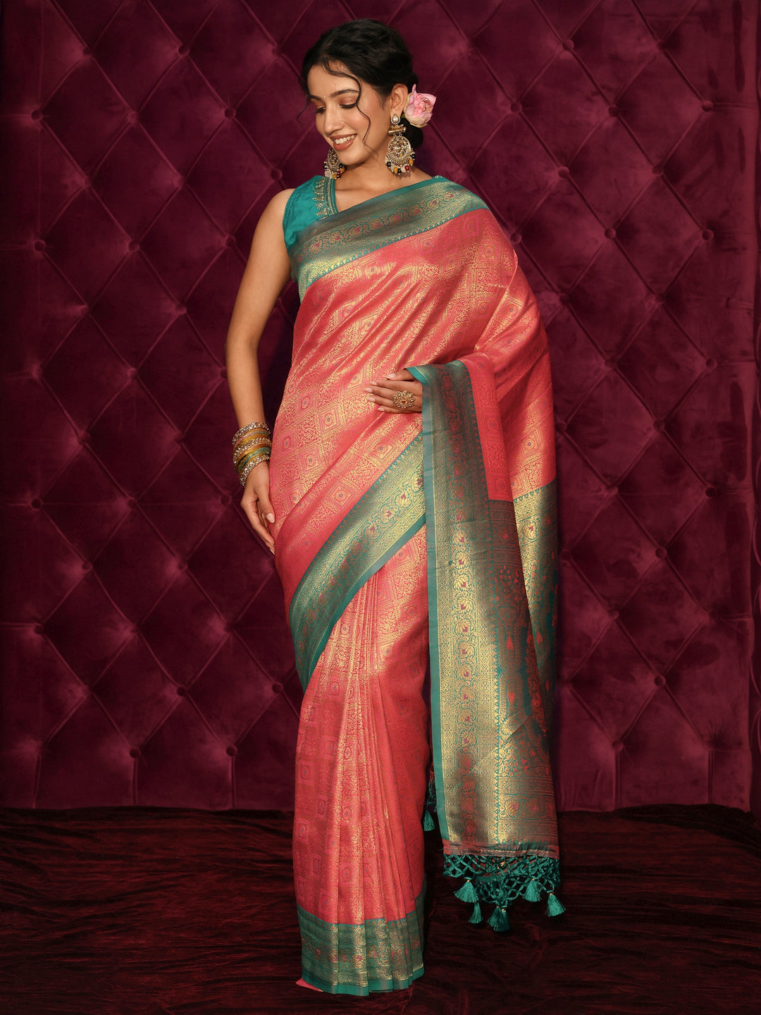 Libas Pink and Teal Banarasi Silk Blend Tassel Saree