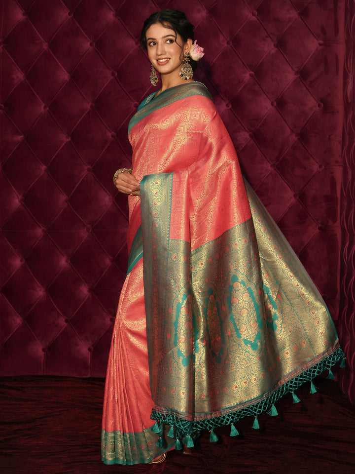 Libas Pink and Teal Banarasi Silk Blend Tassel Saree