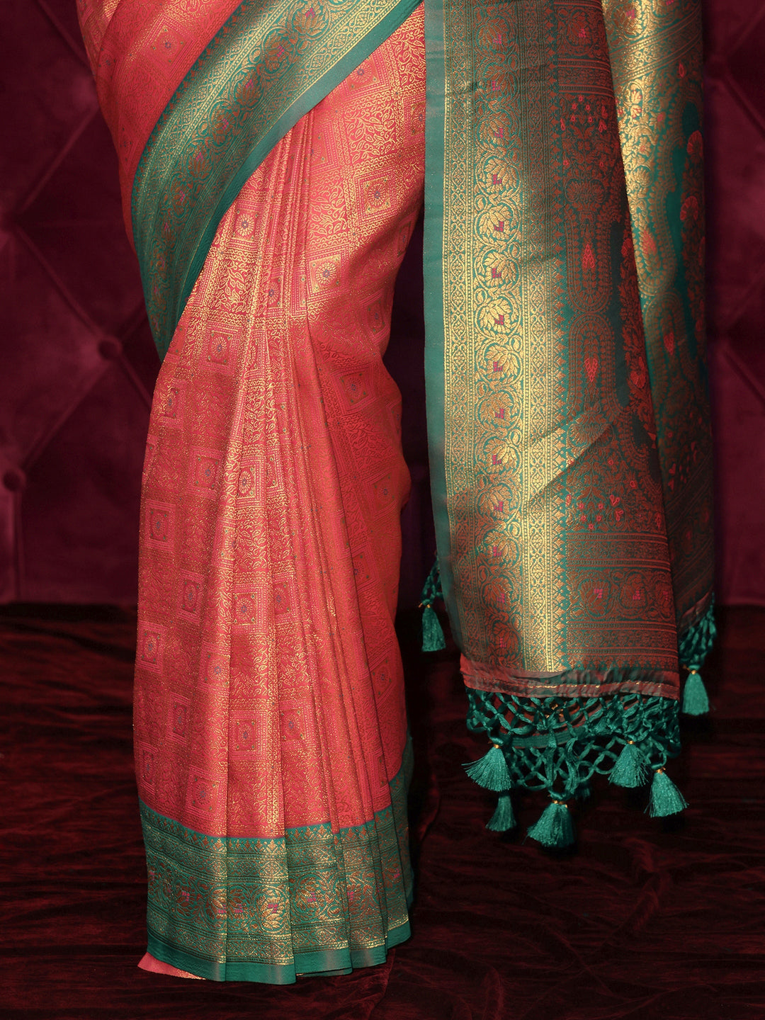 Libas Pink and Teal Banarasi Silk Blend Tassel Saree