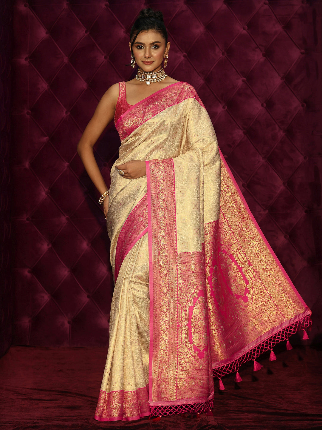 Libas Cream and Pink Woven Design Silk Blend Saree
