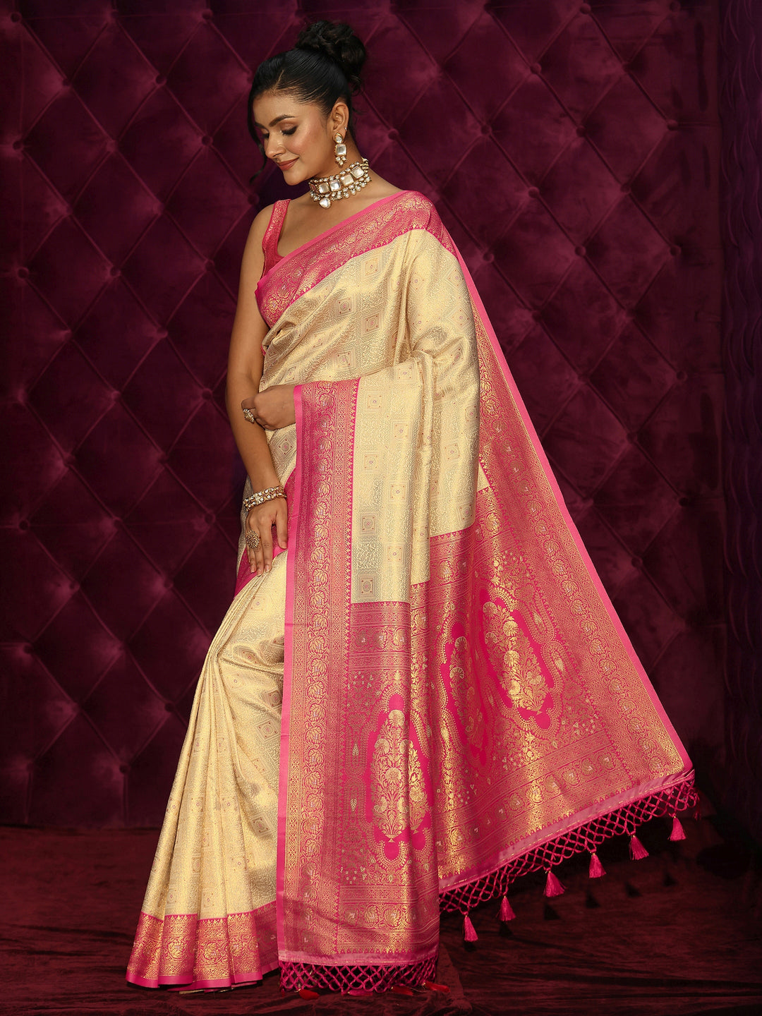 Libas Cream and Pink Woven Design Silk Blend Saree