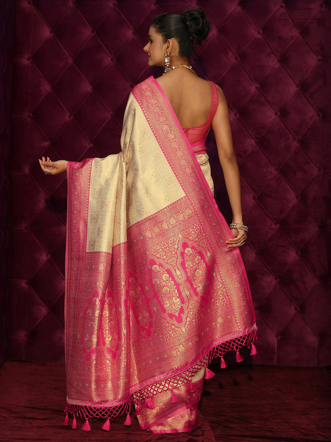 Libas Cream and Pink Woven Design Silk Blend Saree