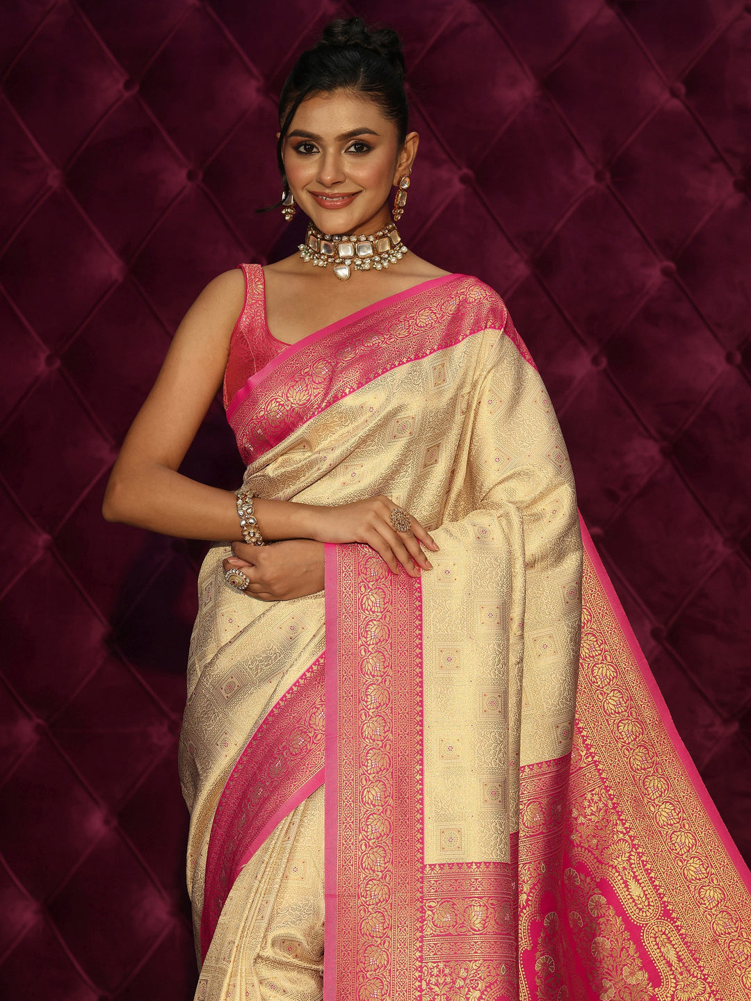 Libas Cream and Pink Woven Design Silk Blend Saree