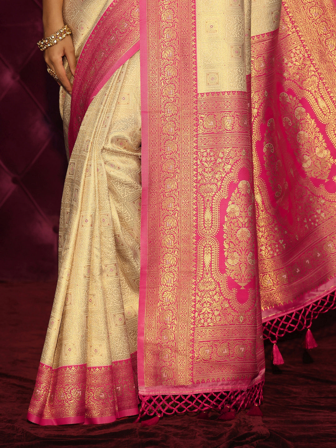 Libas Cream and Pink Woven Design Silk Blend Saree