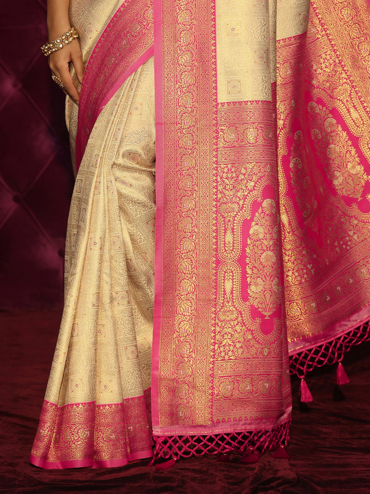 Libas Cream and Pink Woven Design Silk Blend Saree