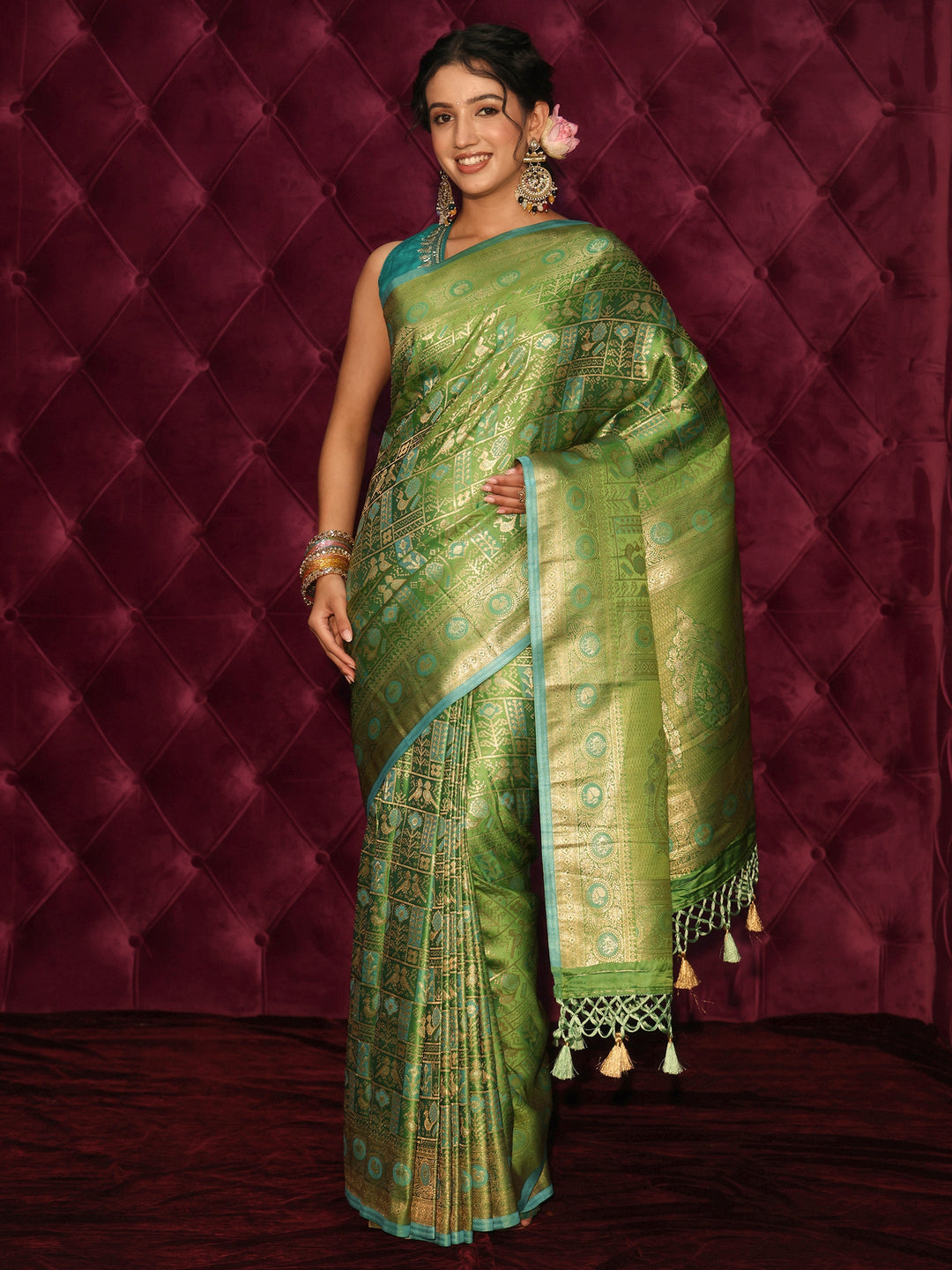 Libas Art Green Patola Style Woven Design Silk Blend Tassel Saree