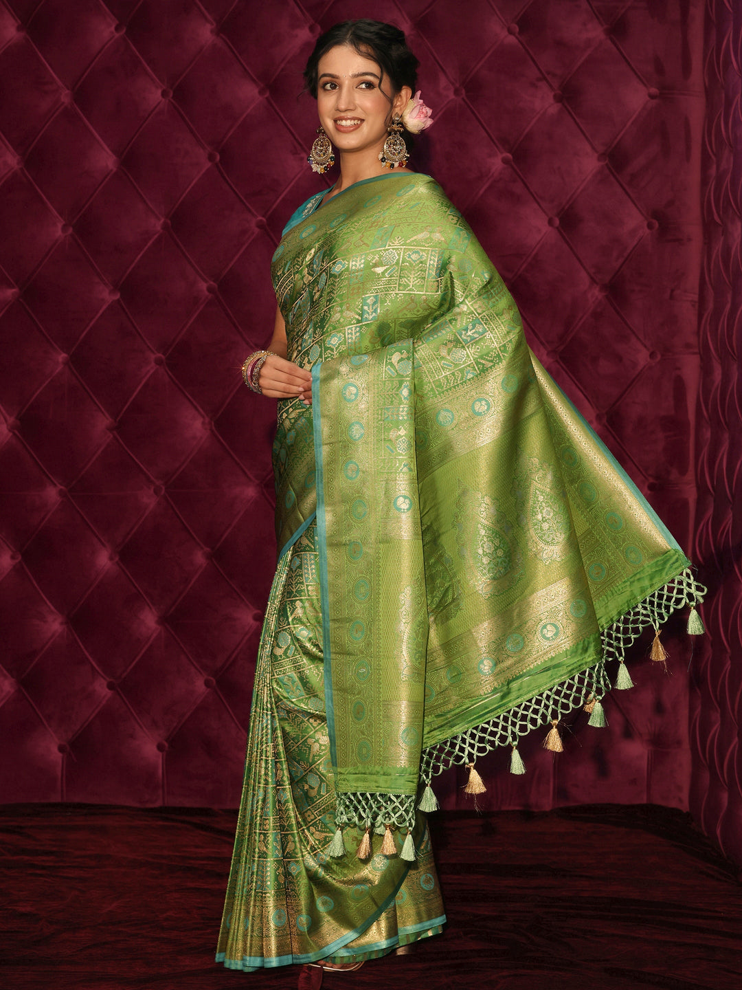 Libas Art Green Patola Style Woven Design Silk Blend Tassel Saree