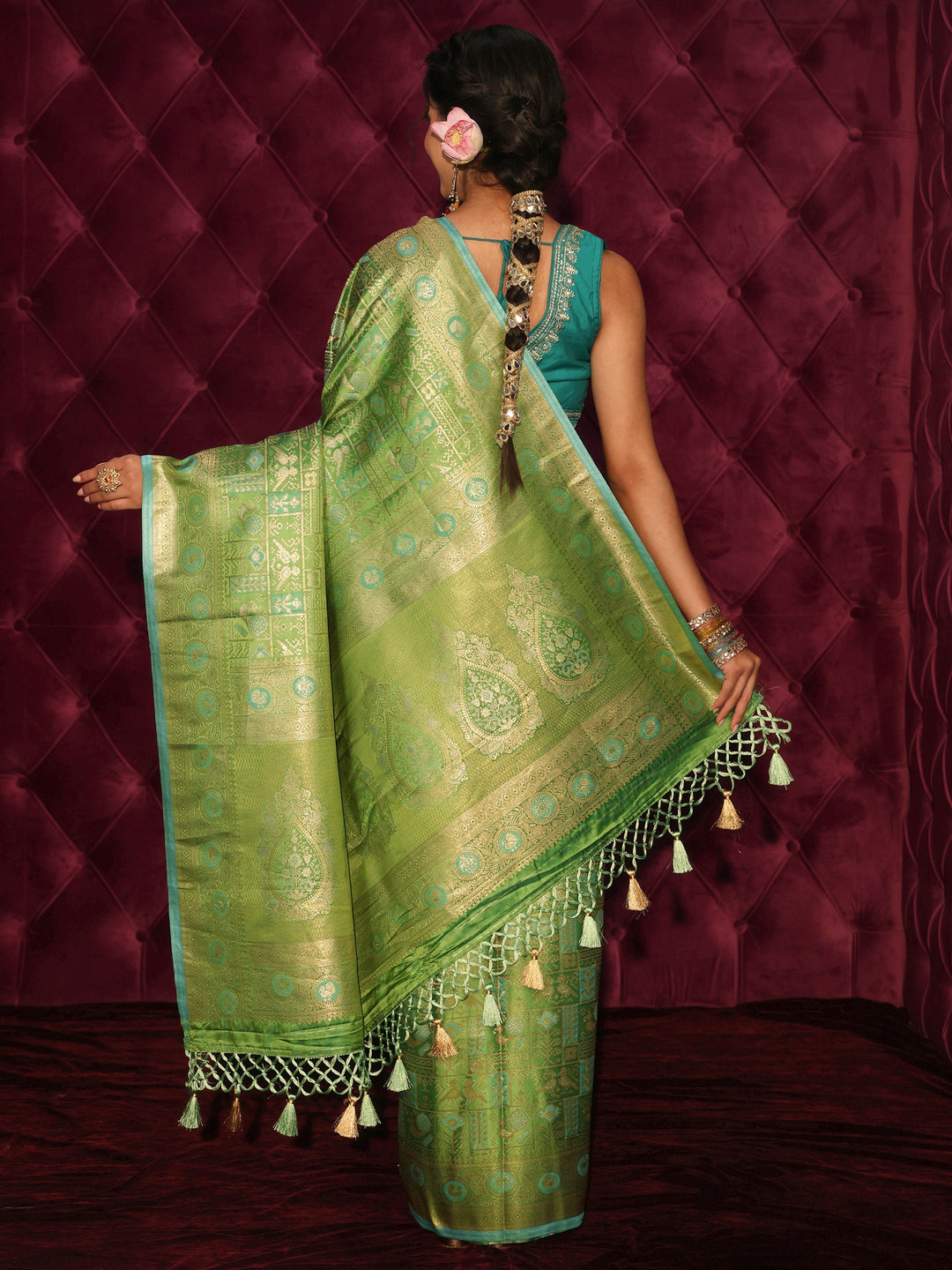 Libas Art Green Patola Style Woven Design Silk Blend Tassel Saree