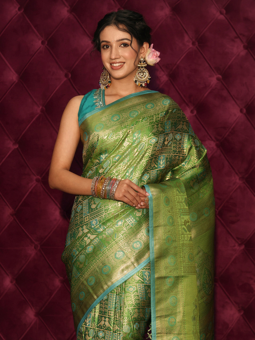 Libas Art Green Patola Style Woven Design Silk Blend Tassel Saree