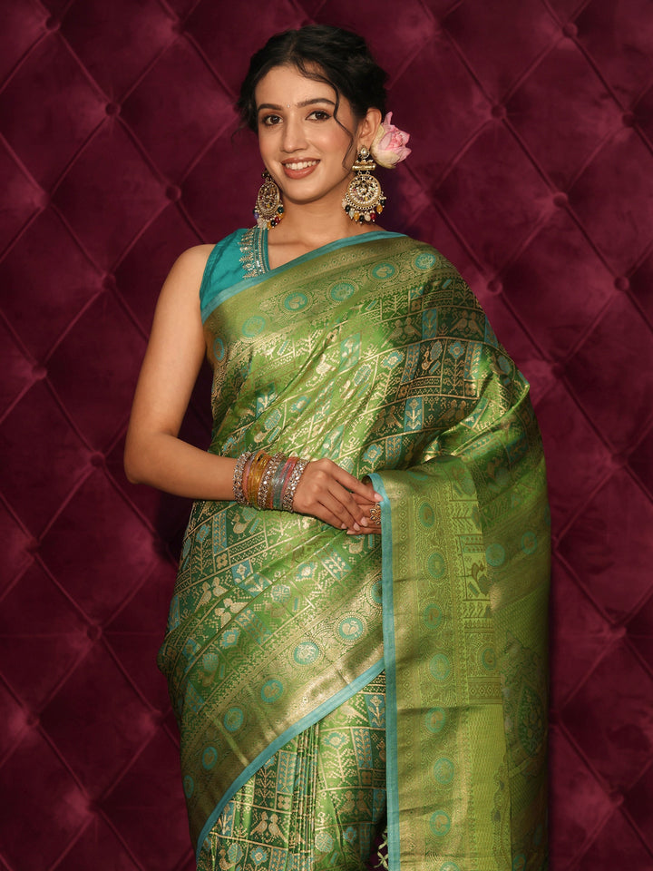 Libas Art Green Patola Style Woven Design Silk Blend Tassel Saree