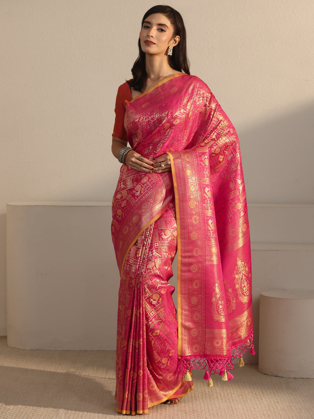 Libas Art Pink Patola Woven Design Silk Blend Tassel Saree