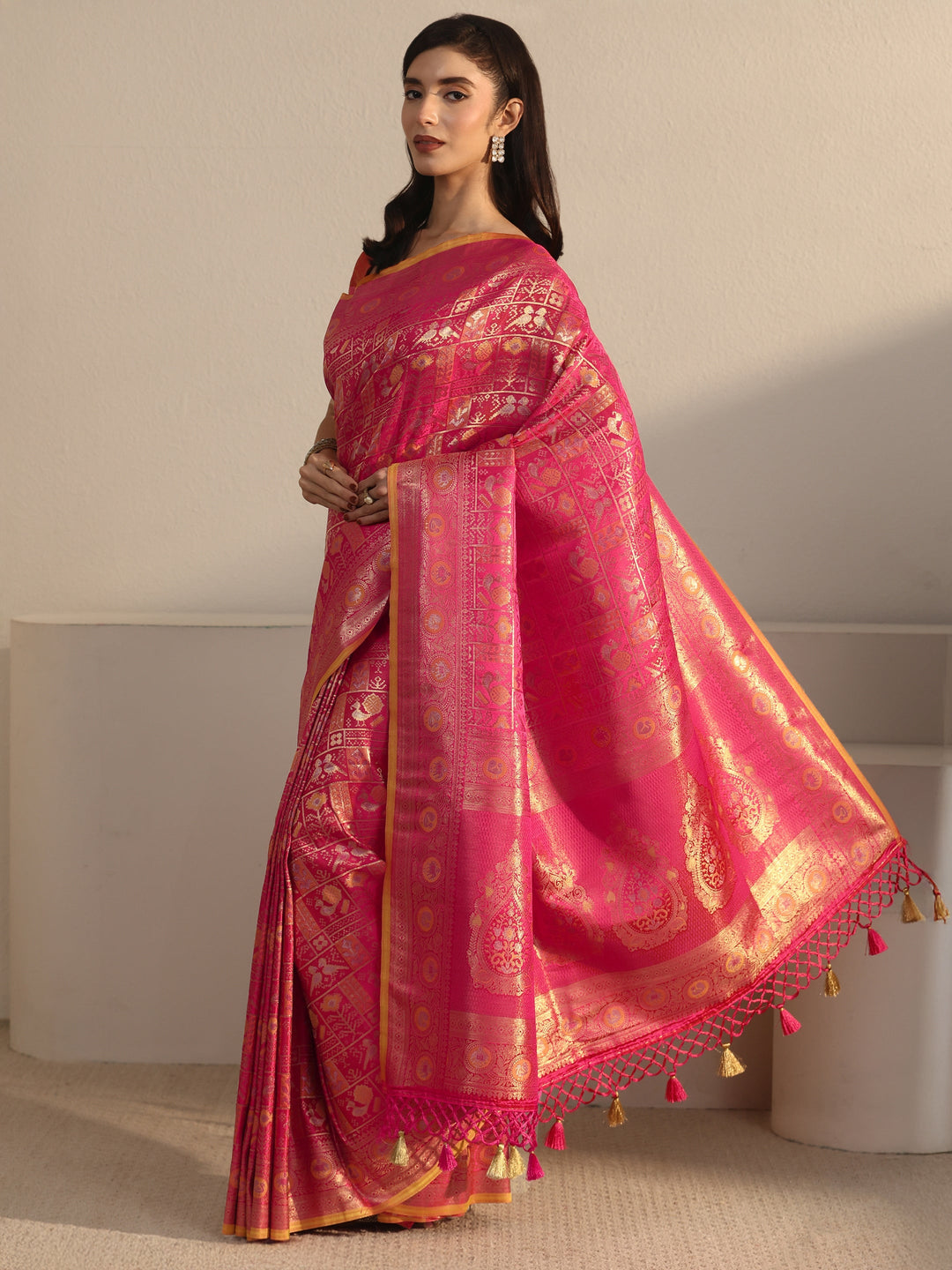 Libas Art Pink Patola Woven Design Silk Blend Tassel Saree
