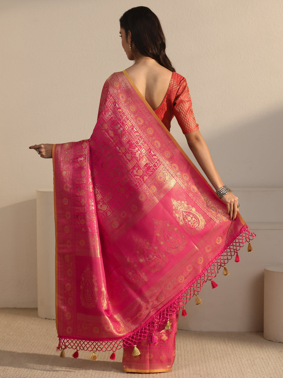 Libas Art Pink Patola Woven Design Silk Blend Tassel Saree