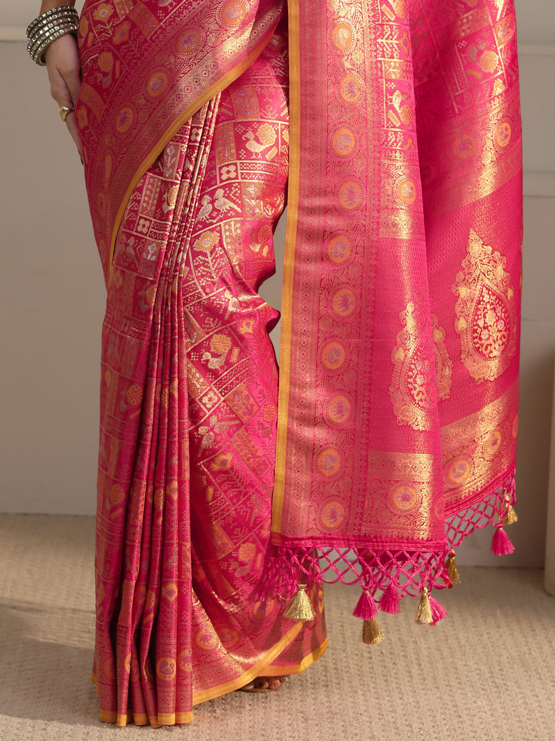 Libas Art Pink Patola Woven Design Silk Blend Tassel Saree