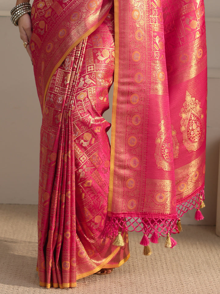 Libas Art Pink Patola Woven Design Silk Blend Tassel Saree