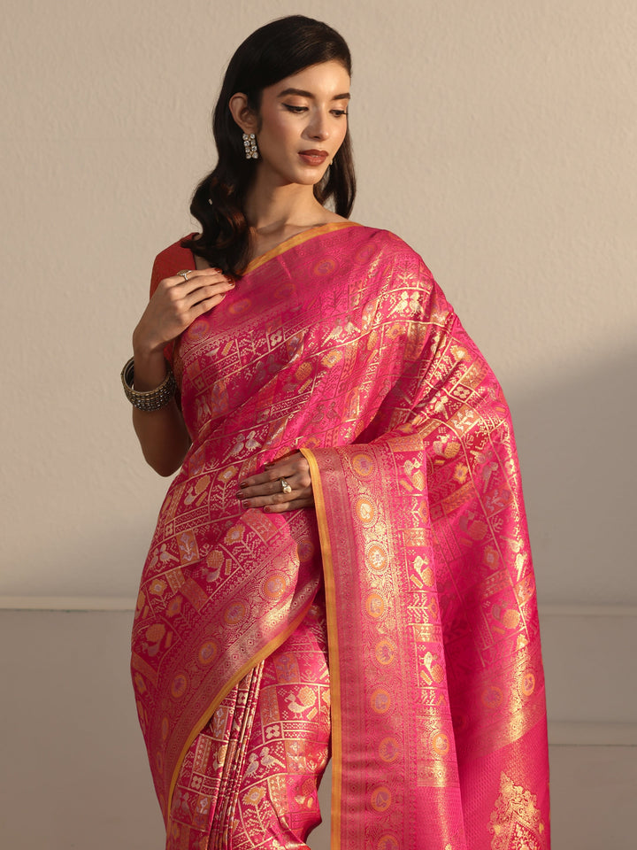 Libas Art Pink Patola Woven Design Silk Blend Tassel Saree