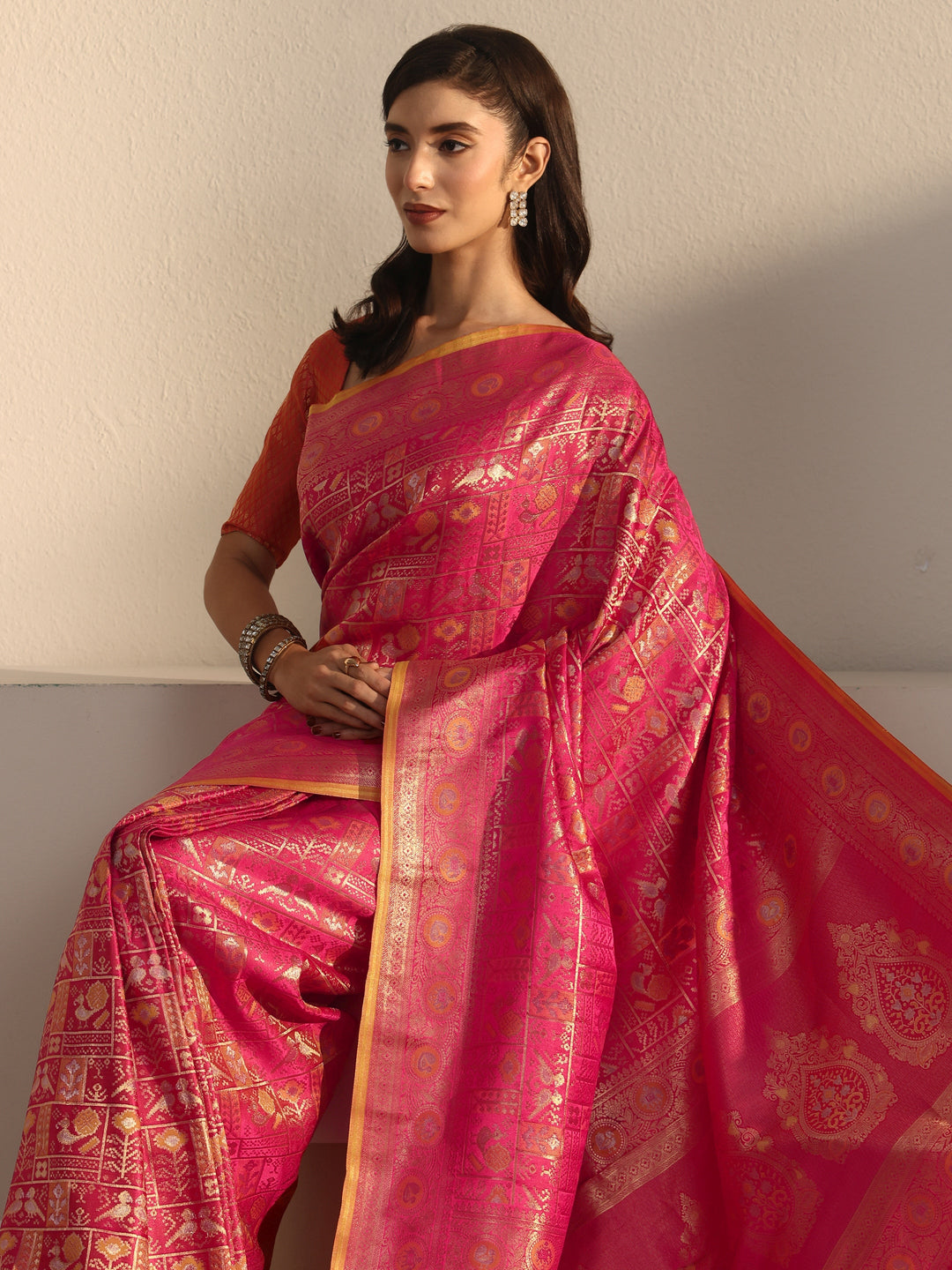 Libas Art Pink Patola Woven Design Silk Blend Tassel Saree
