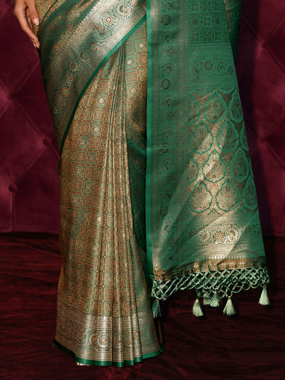 Libas Green Woven Design Silk Blend Tassel Saree