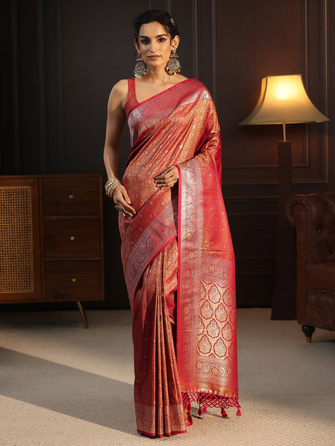 Libas Red Ethnic Woven Design Silk Blend Tassel Saree