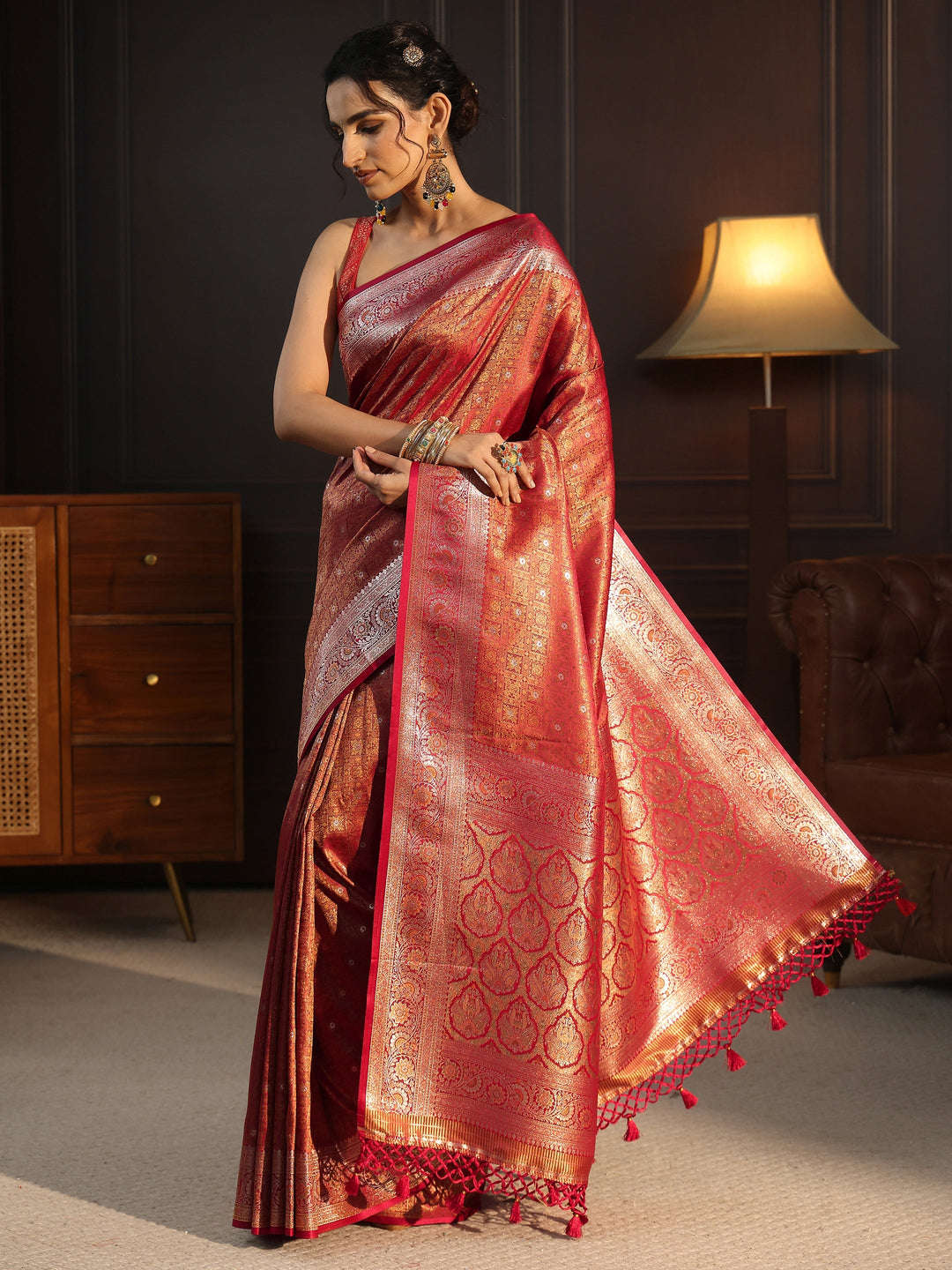 Libas Red Ethnic Woven Design Silk Blend Tassel Saree