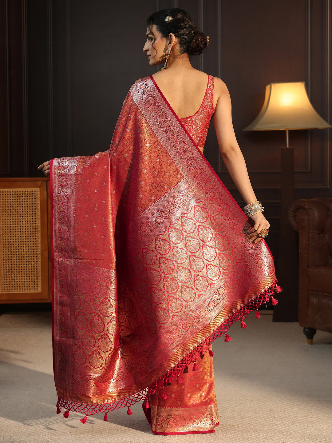 Libas Red Ethnic Woven Design Silk Blend Tassel Saree