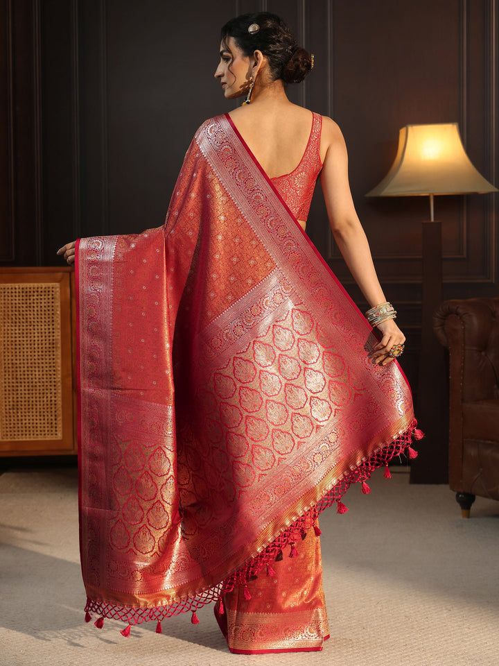 Libas Red Ethnic Woven Design Silk Blend Tassel Saree