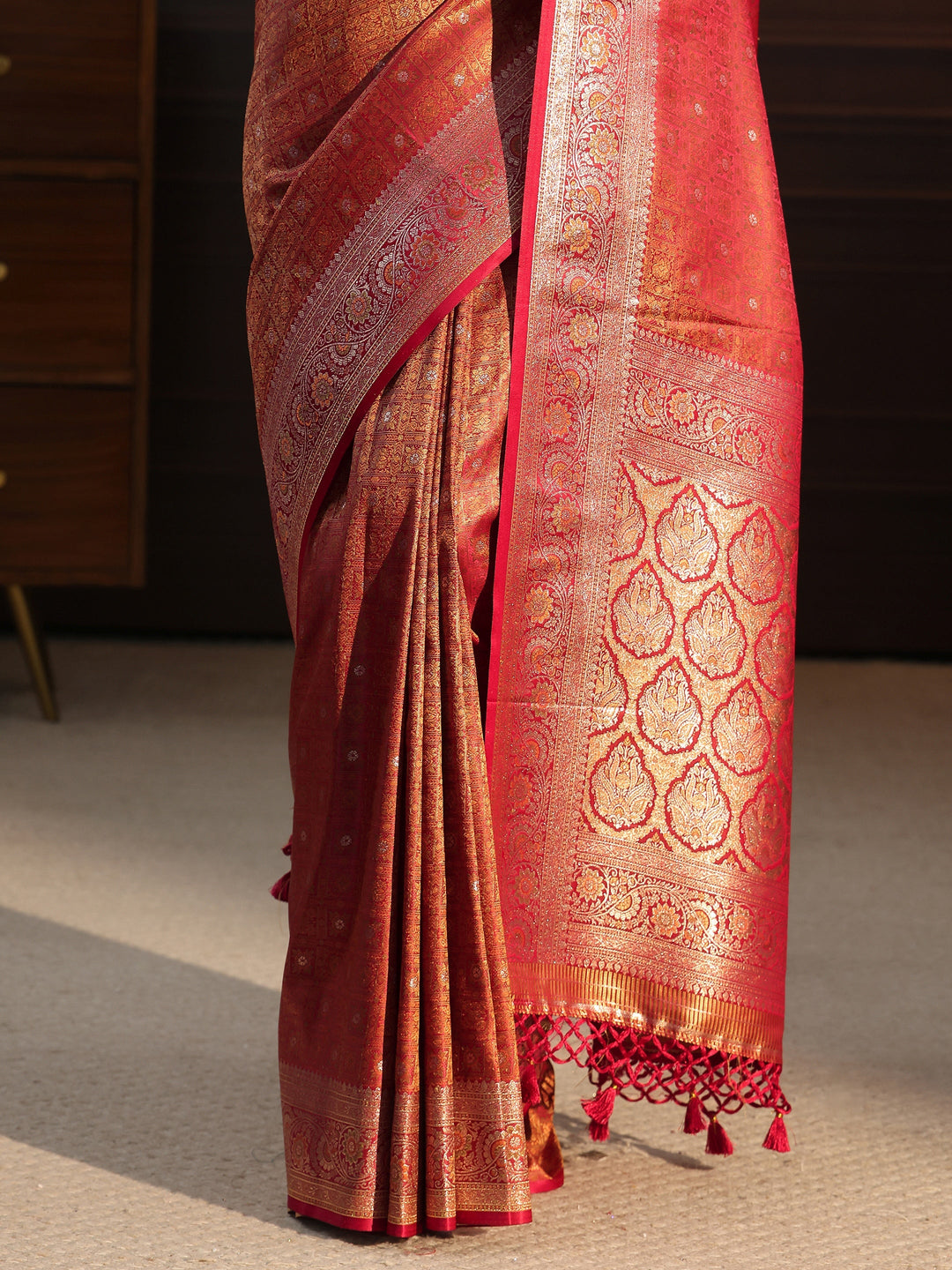Libas Red Ethnic Woven Design Silk Blend Tassel Saree