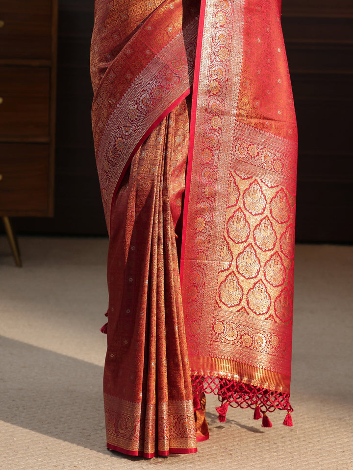 Libas Red Ethnic Woven Design Silk Blend Tassel Saree