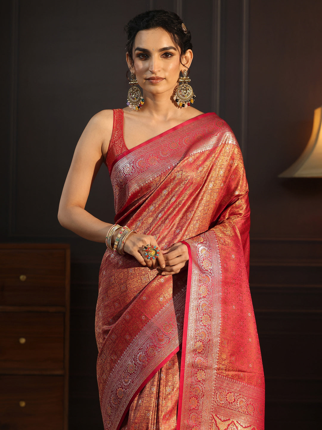 Libas Red Ethnic Woven Design Silk Blend Tassel Saree