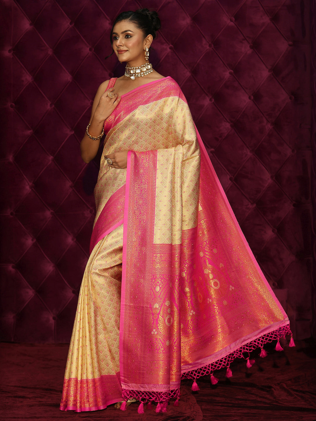 Libas Cream and Pink Woven Design Silk Blend Tassel Saree