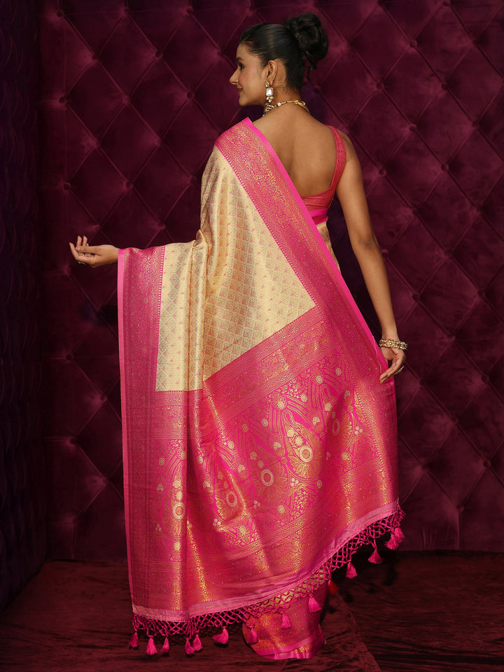 Libas Cream and Pink Woven Design Silk Blend Tassel Saree