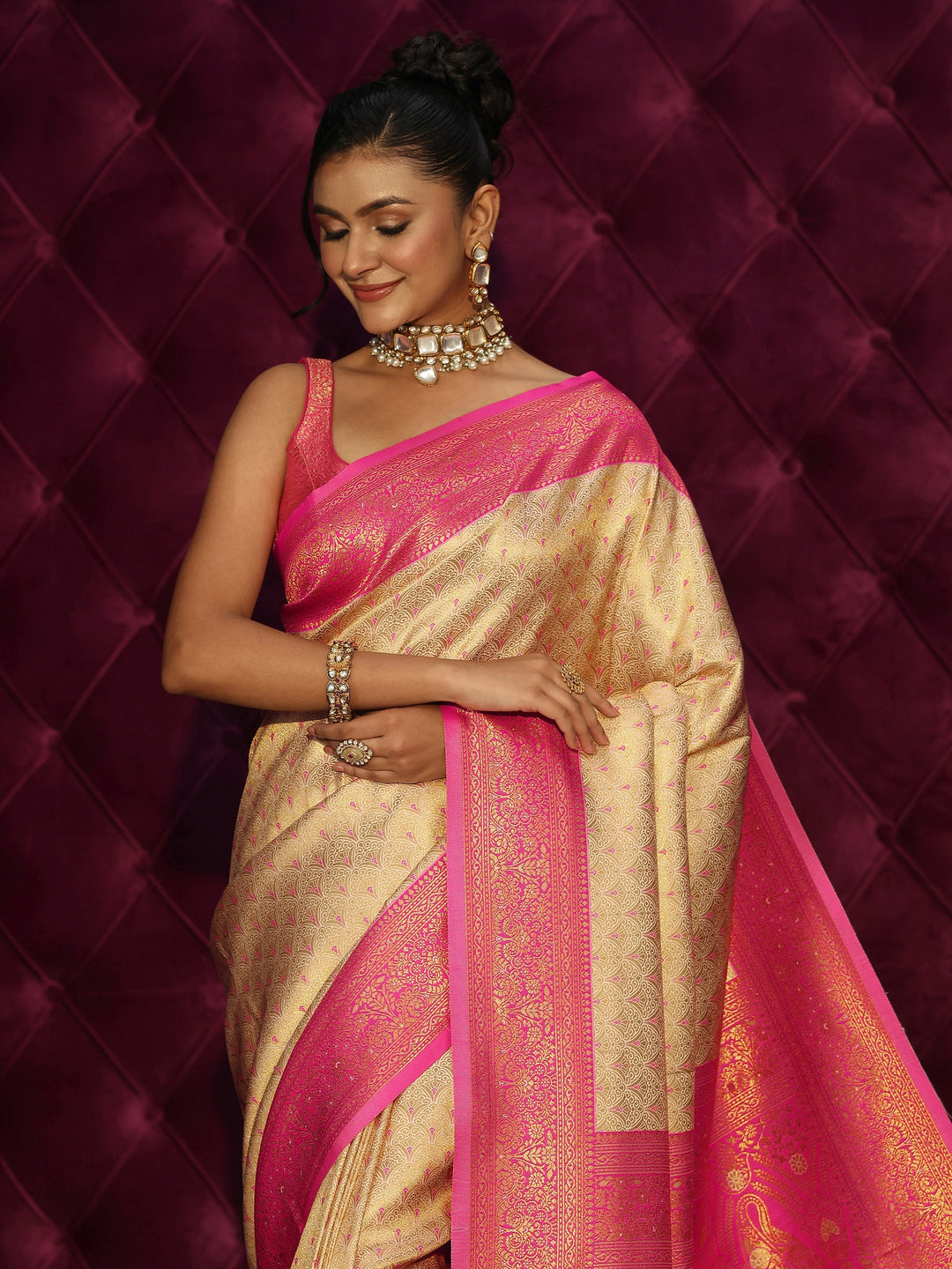 Libas Cream and Pink Woven Design Silk Blend Tassel Saree