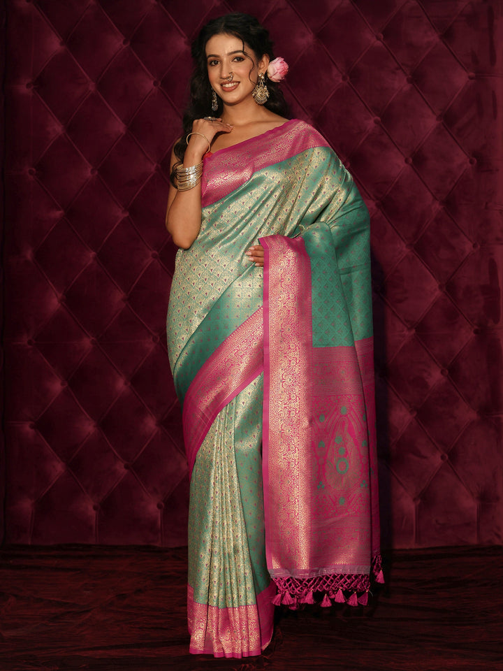 Libas Green and Pink Banarasi Silk Blend Tassel Saree