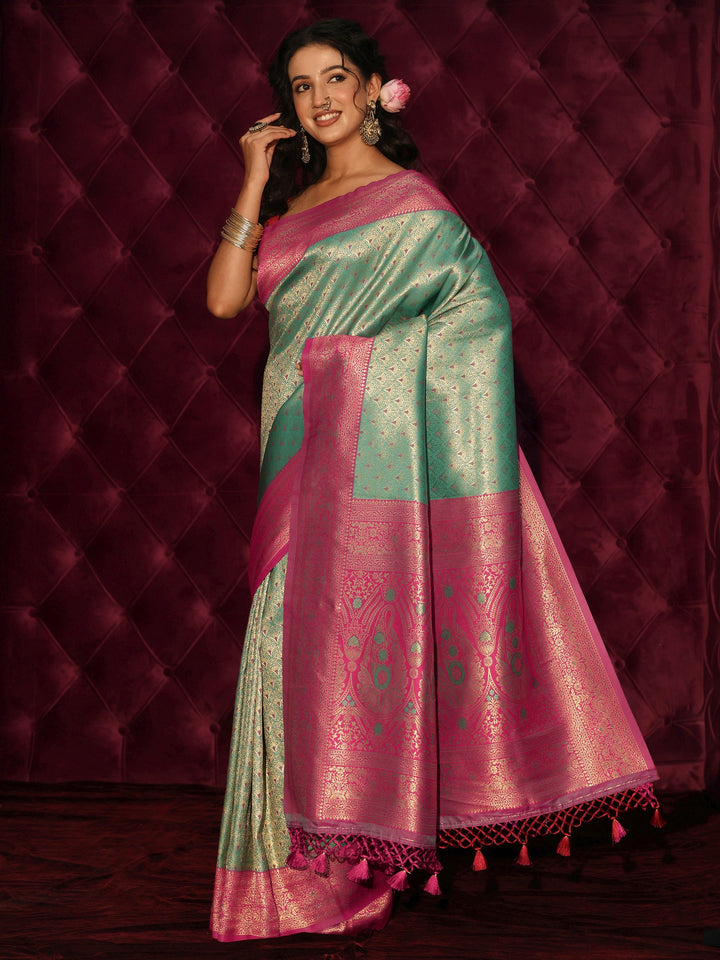 Libas Green and Pink Banarasi Silk Blend Tassel Saree
