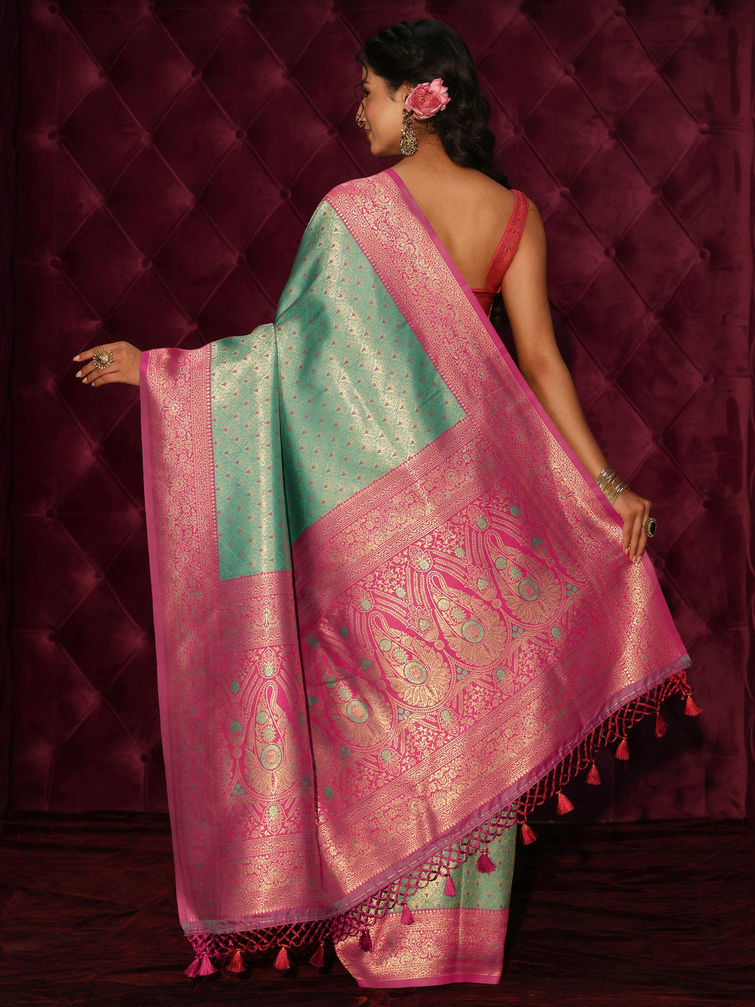 Libas Green and Pink Banarasi Silk Blend Tassel Saree
