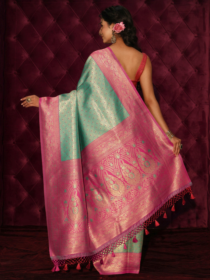 Libas Green and Pink Banarasi Silk Blend Tassel Saree