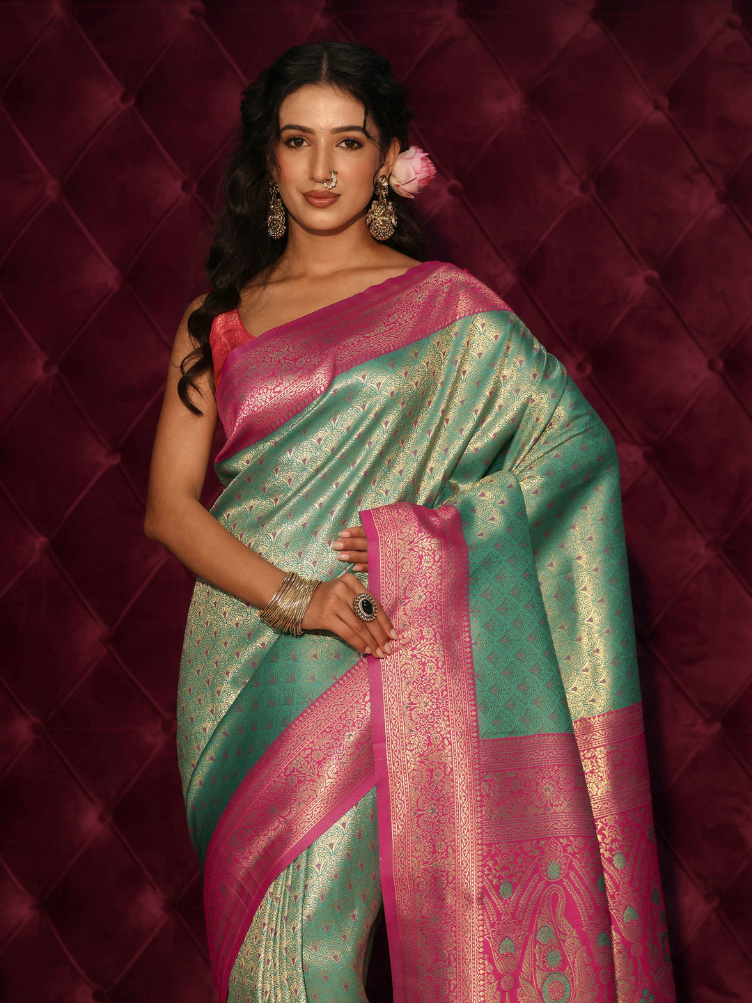 Libas Green and Pink Banarasi Silk Blend Tassel Saree