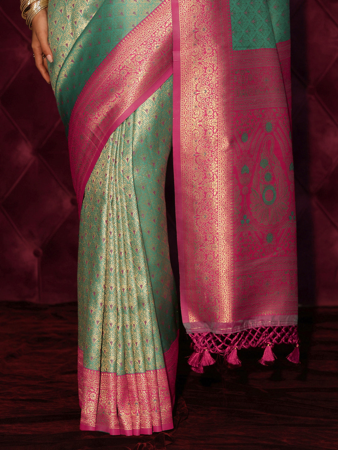 Libas Green and Pink Banarasi Silk Blend Tassel Saree