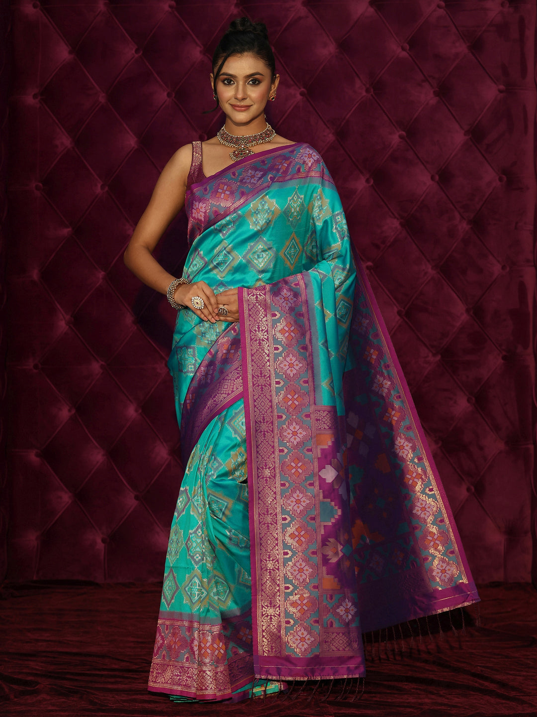 Libas Aqua Blue and Purple Silk Blend Patola Saree