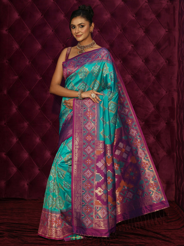 Libas Aqua Blue and Purple Silk Blend Patola Saree
