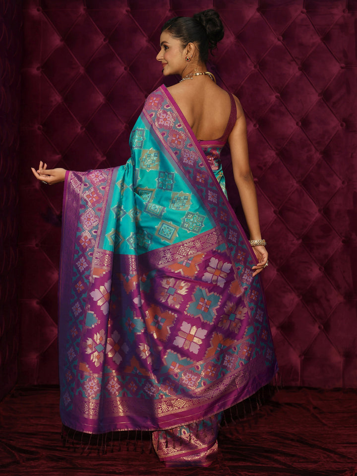 Libas Aqua Blue and Purple Silk Blend Patola Saree