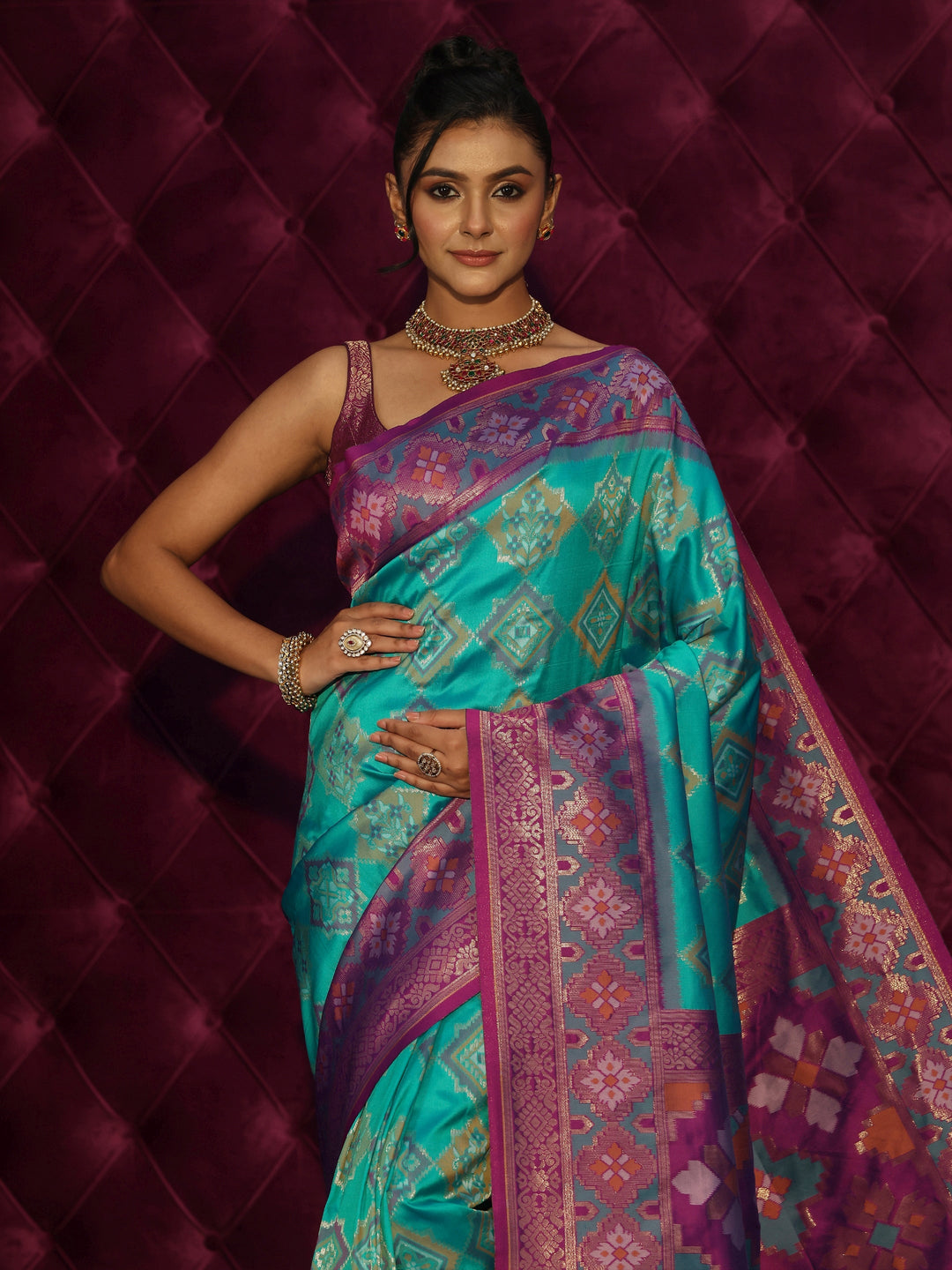 Libas Aqua Blue and Purple Silk Blend Patola Saree