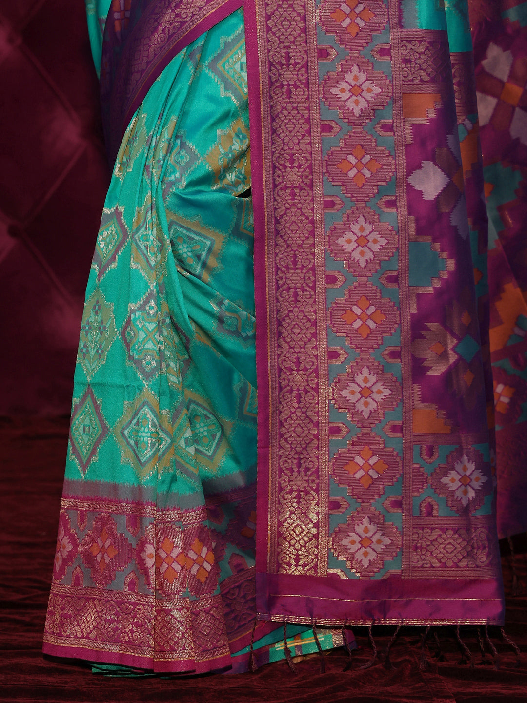 Libas Aqua Blue and Purple Silk Blend Patola Saree